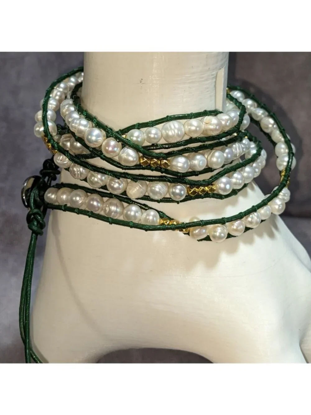 Boho Pearl Wrap Bracelet Victoria Emerson Green Leather Gold Tone